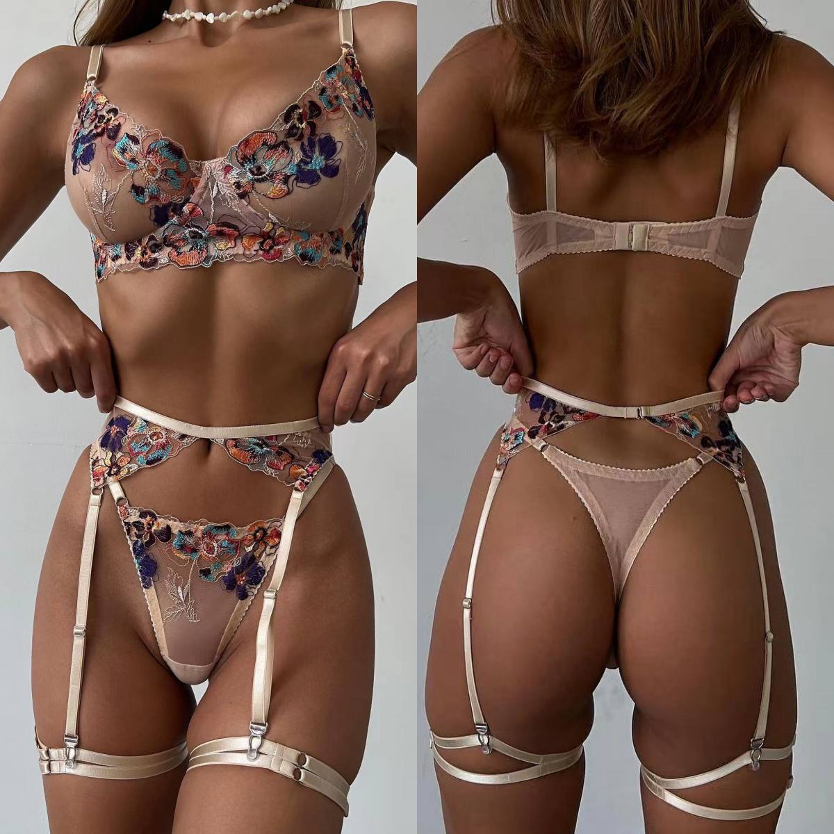 Luxury Skincare Set For Women - Krasapt luxe borduurwerk doorzichtige lingerie 4-delig